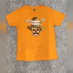Mens Large Surf Wyoming Pistol Pete Skull Hippie Vintage Orange T Shirt